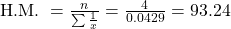 \text { H.M. }=\frac{n}{\sum \frac{1}{x}}=\frac{4}{0.0429}=93.24