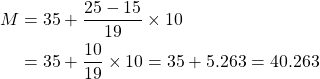 \begin{aligned}M &=35+\frac{25-15}{19} \times 10 \\&=35+\frac{10}{19} \times 10=35+5.263=40.263\end{aligned}